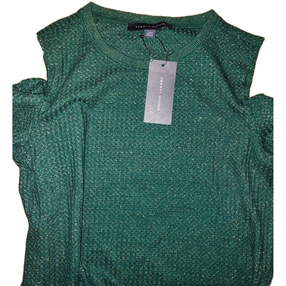 Tommy Hilfiger Womens Top Sz MED Metallic Cold Shoulder T-Shirt In Green & Gold - Picture 5 of 9